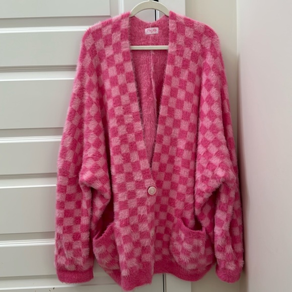 Pink Lily Sweaters - Pink Lily Women Plus Size Pink Checkered Cardigan